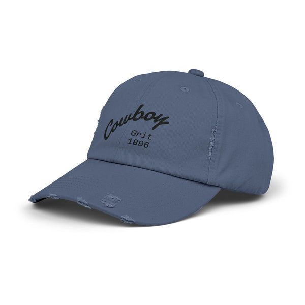 Scotland Blue distressed dad hat with distressed Cowboy Grit 1896 logo on front