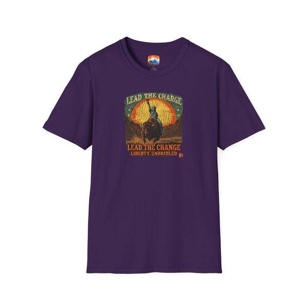 Purple graphic T-shirt with bison silhouette and patriotic text on the front