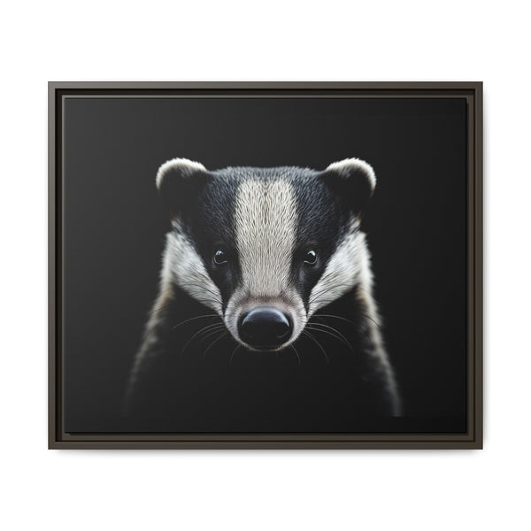 Framed canvas wall art featuring a badger face, dark brown frame.
