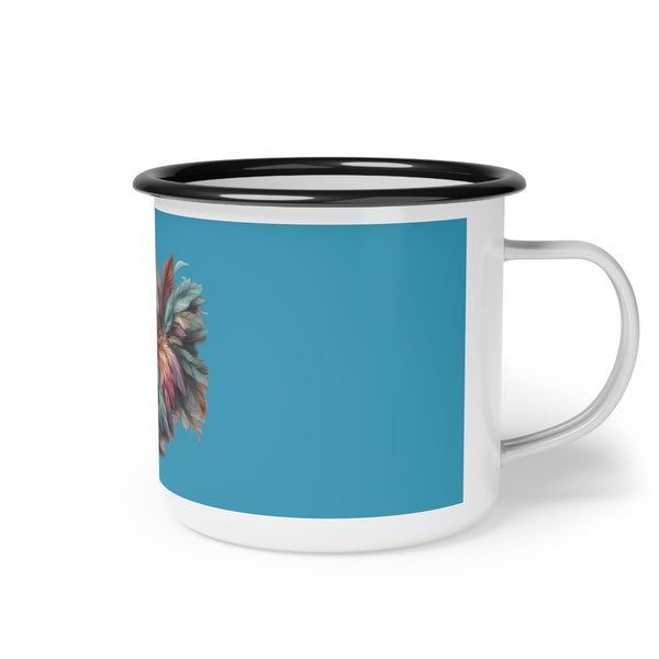 Enamel camp mug with blue body, black rim, partial rooster feather design
