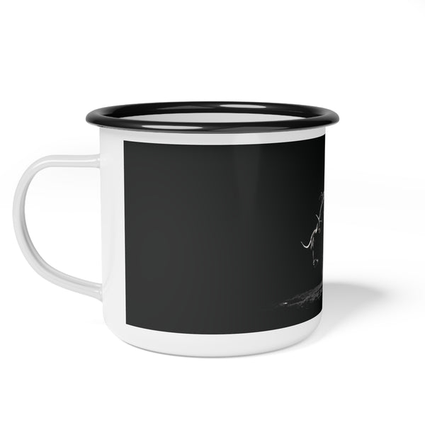 Black enamel camp mug with white handle and base, bucking bull graphic.