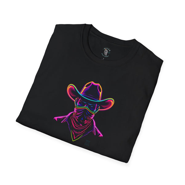 Black crew-neck cowboy T-shirt with neon bandit head graphic, angled view