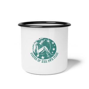 Enamel camp mug with green star graphic, white body, and black rim.