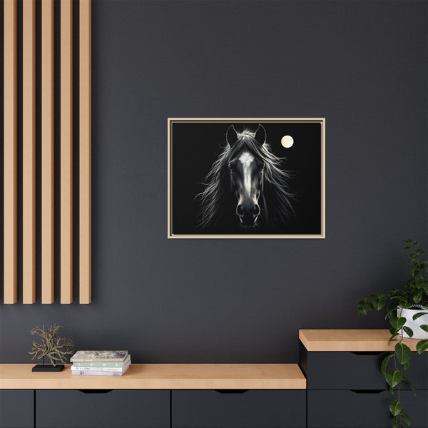 Framed canvas art featuring a horse portrait with glowing moon on dark background