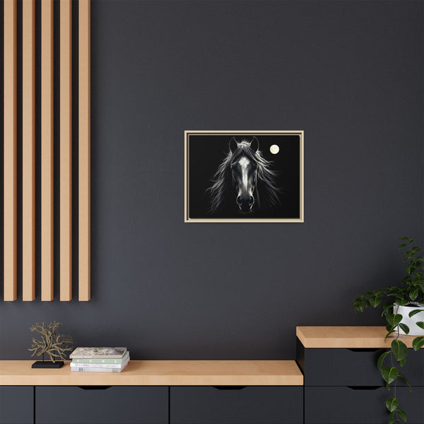 Small framed western canvas art of a black-and-white horse face with moon
