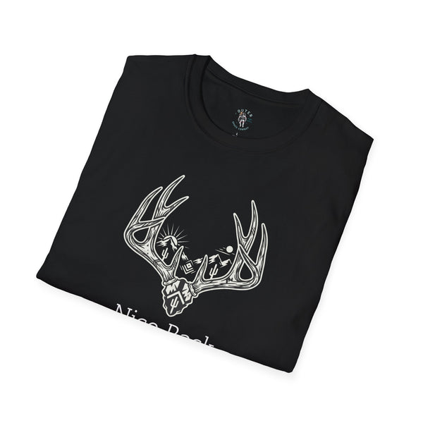 Black cotton T-shirt with large antler cowboy graphic on the front