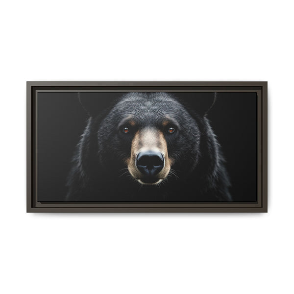 Framed canvas bear portrait with black frame, centered close-up bear face