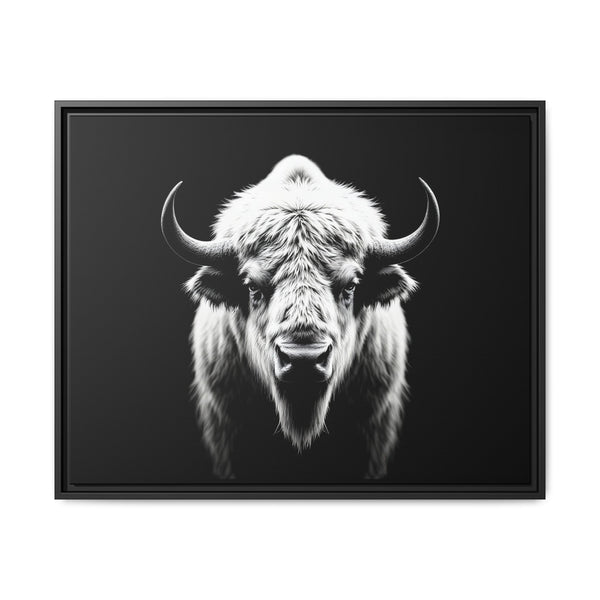 Framed bison head artwork with long horns and high-contrast fur detailing