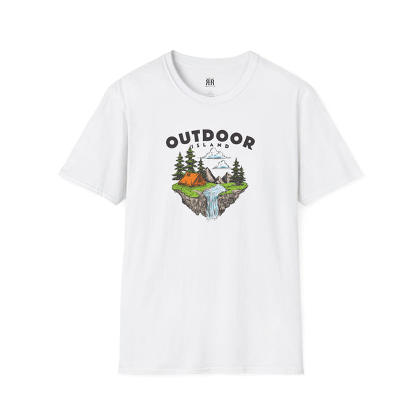 White T-shirt with outdoor graphic print across the chest