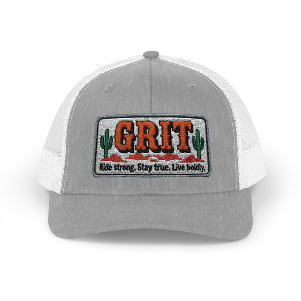 Heather grey front trucker hat with white mesh back and embroidered GRIT logo patch
