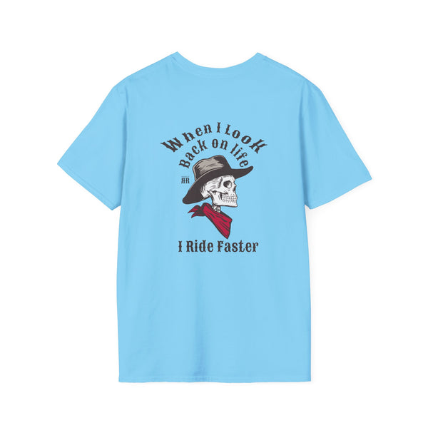 Light blue graphic T-shirt with skull cowboy hat graphic and “Ride Faster” text