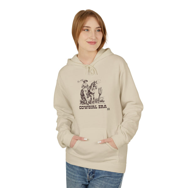 Sand beige western hoodie on model with cowboy graphic, hood and pouch pocket