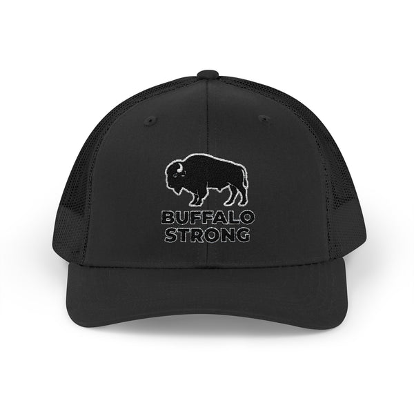 Black western trucker hat with black mesh sides and Buffalo Strong logo