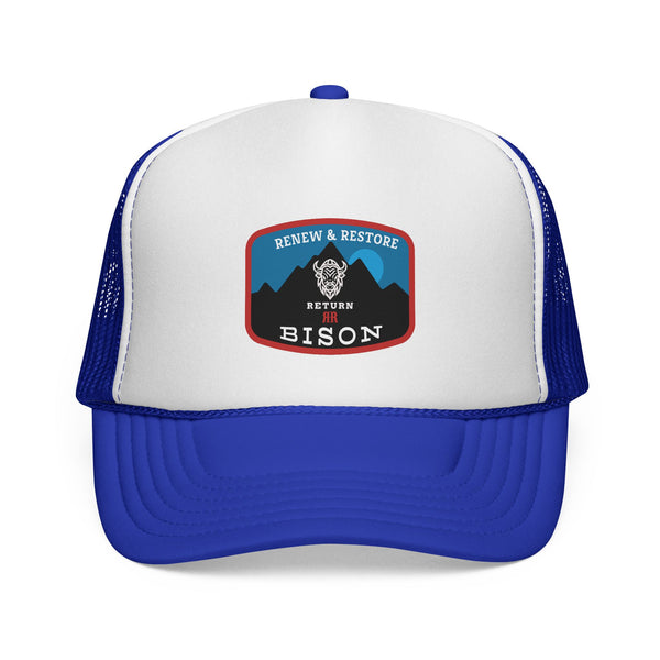 Royal and white Bison western trucker hat with front patch and blue mesh sides
