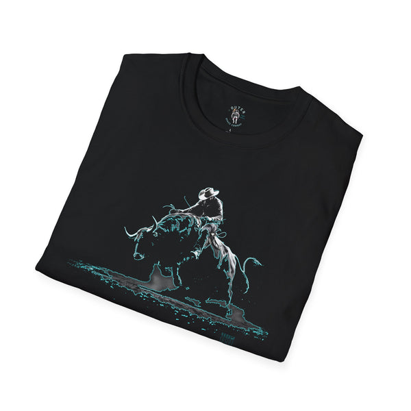 Black T-shirt featuring neon turquoise bull rider and lasso graphic across chest