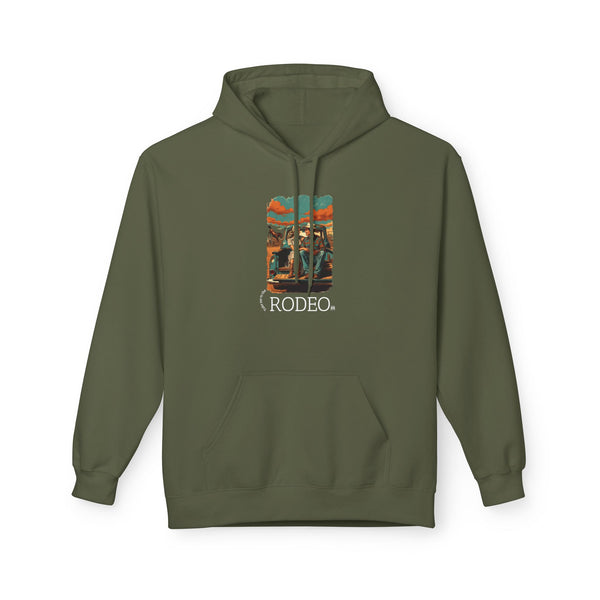 Military green western wear hoodie with hood and kangaroo pocket, Rodeo graphic on chest.