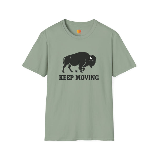 Sage green crew-neck Western t-shirt with black bison and “KEEP MOVING” graphic