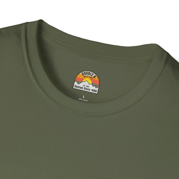 Heavy cotton T-shirt neckline, olive green, with small logo patch and size label text.