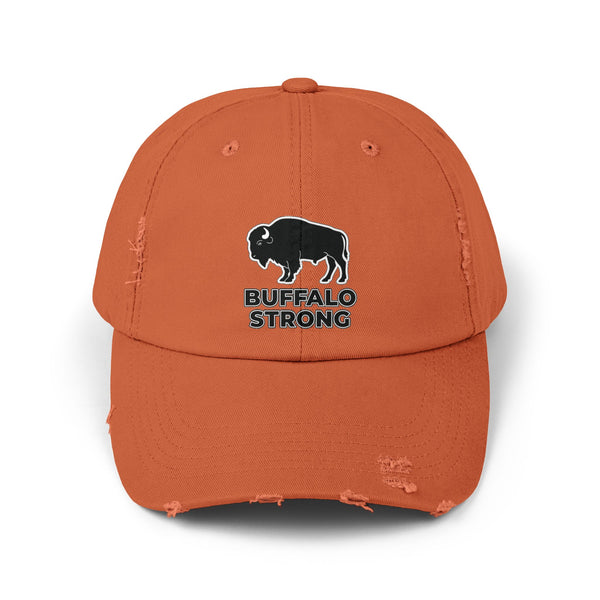 Burnt orange distressed dad hat with buffalo graphic and 'BUFFALO STRONG'