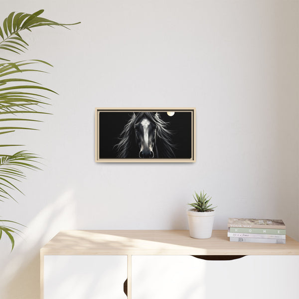 Framed horse canvas art with dark background, light wood frame, and small moon in corner