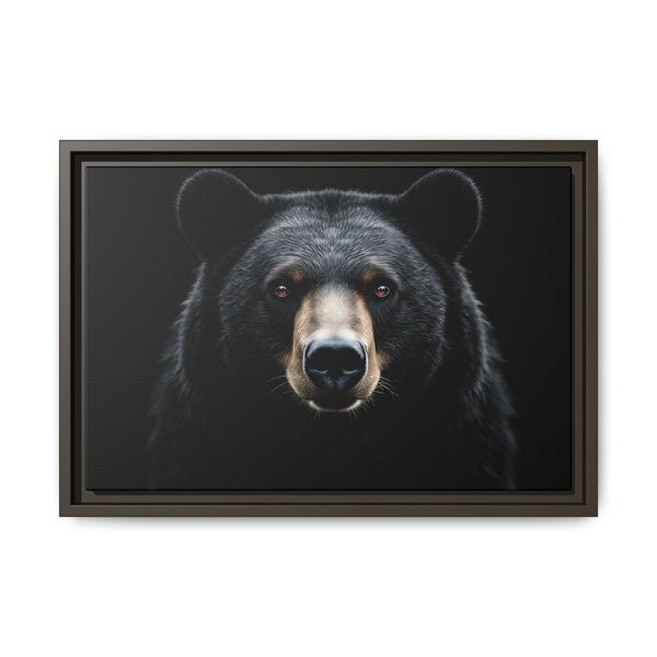 Framed bear canvas art with close-up bear face, dark frame, dark background