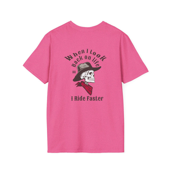 Magenta graphic T-shirt with skull cowboy hat and “Ride Faster” text on front