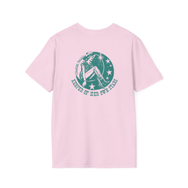 Pink women’s T-shirt with circular green back graphic logo