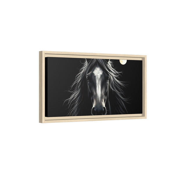 Framed horse portrait canvas art with light wood frame and dark background, close-up front view