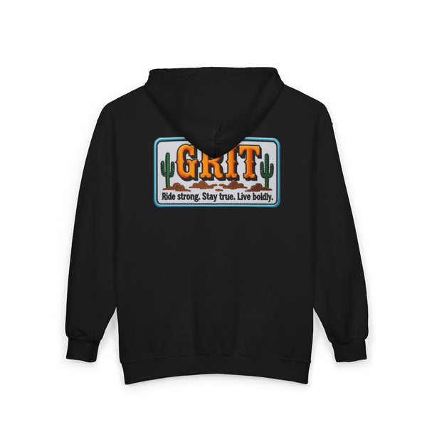 Black unisex full-zip hoodie with back Ride strong graphic across shoulders