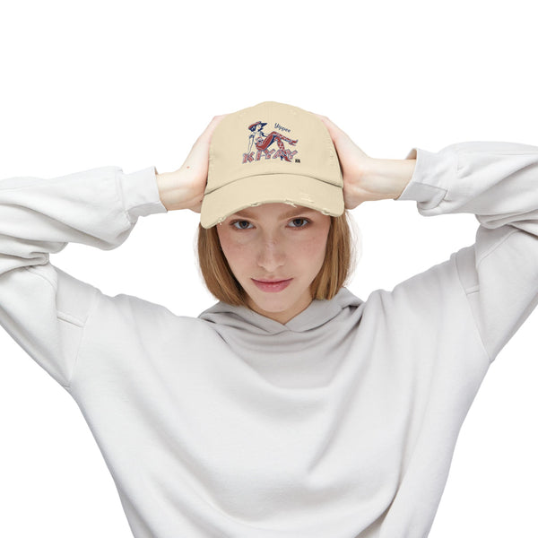 Yippie Ki-Yay Western Wear Distressed Dad Hat in Stone, model lifestyle view with arms behind head
