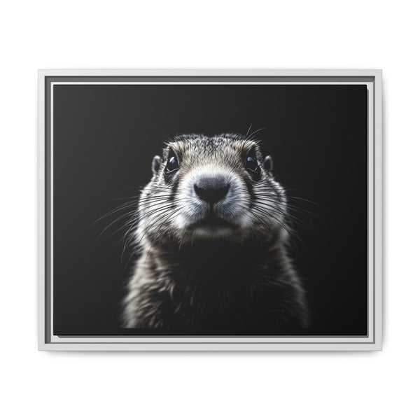 Framed western canvas art of a black-and-white prairie dog portrait, light gray frame