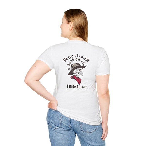 White crewneck T-shirt with back graphic: skull and text 'I Ride Faster'.