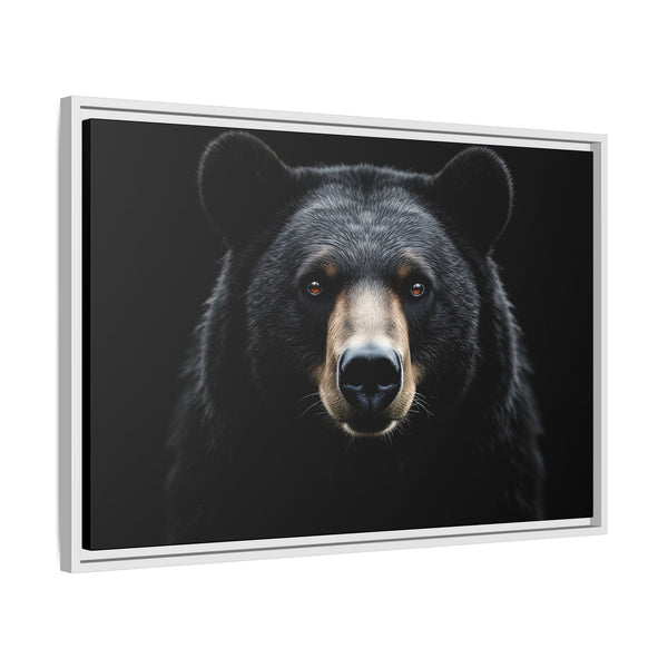 Framed canvas bear portrait with white frame, close-up bear head
