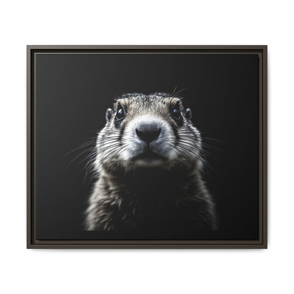 Framed canvas wall art with prairie dog portrait, dark brown frame, front view