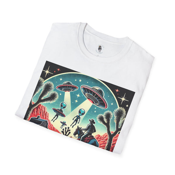 White western t-shirt with large sci-fi cactus alien graphic