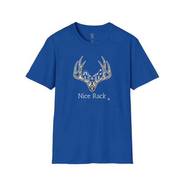 Royal blue western graphic T-shirt with white antler logo and chest text