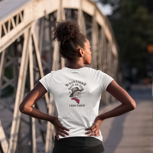 White crew-neck graphic T-shirt with back print of skull and riding text
