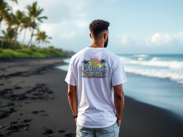 White men’s T-shirt with Aloha Spirit back graphic and palm tree surf text