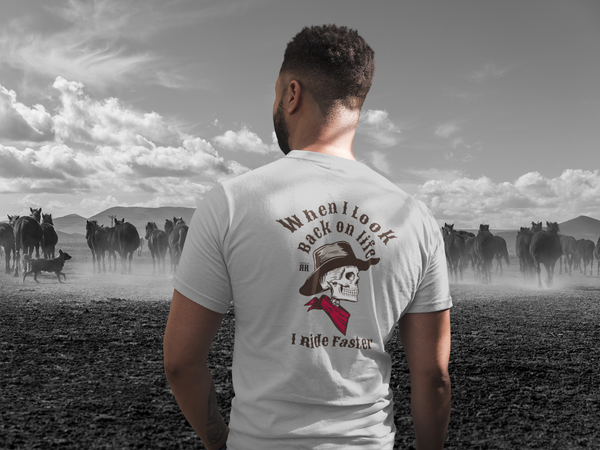 "Grim Rider looking back" BACK DESIGN  - Softstyle western wear T-Shirt