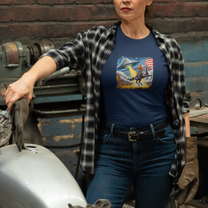 Heather navy T-shirt with cosmic cowboy graphic on the chest