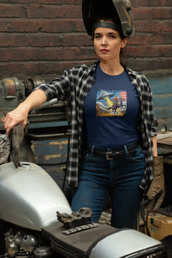 Heather navy T-shirt with cosmic cowboy graphic on the chest