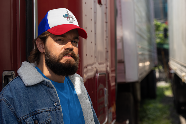 Blue, white, and red trucker hat with Restore West horse graphic
