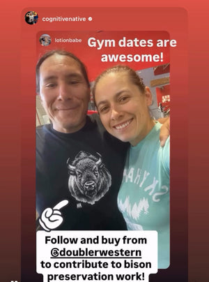 Customer and his wife wearing black Buffalo spirit tee- Text on photo Follow and buy from double r western to contribute to bison preservation work