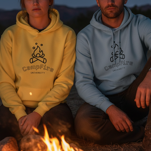 Yellow hoodie with front Campfire University logo and drawstring hood