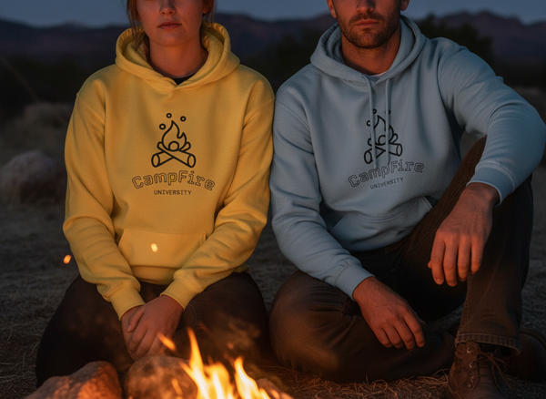 Yellow hoodie with front Campfire University logo and drawstring hood