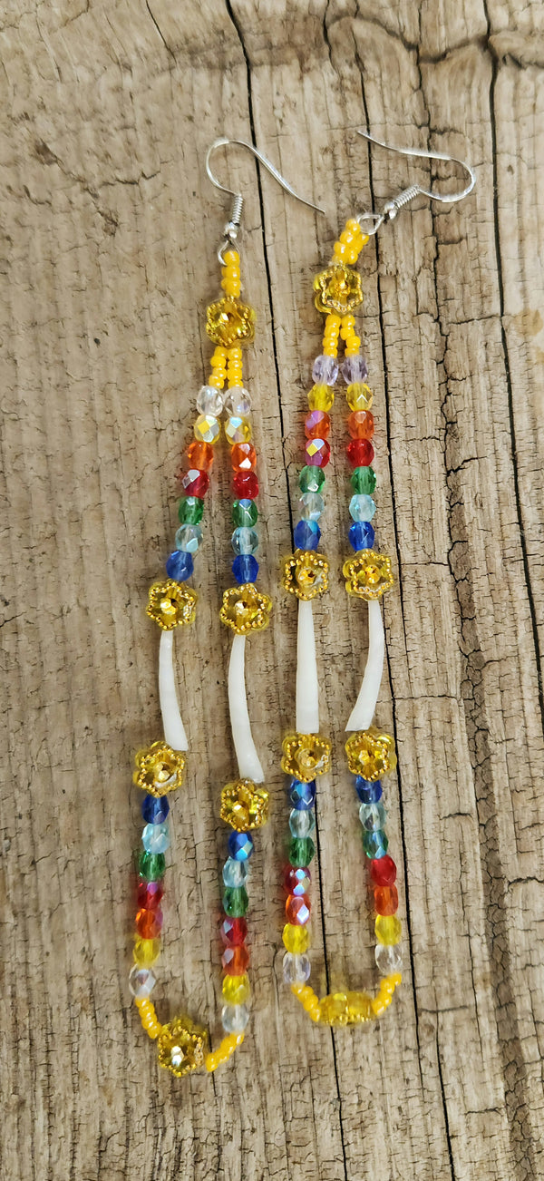 Beaded dangle earrings with multicolor glass beads and gold-tone accents