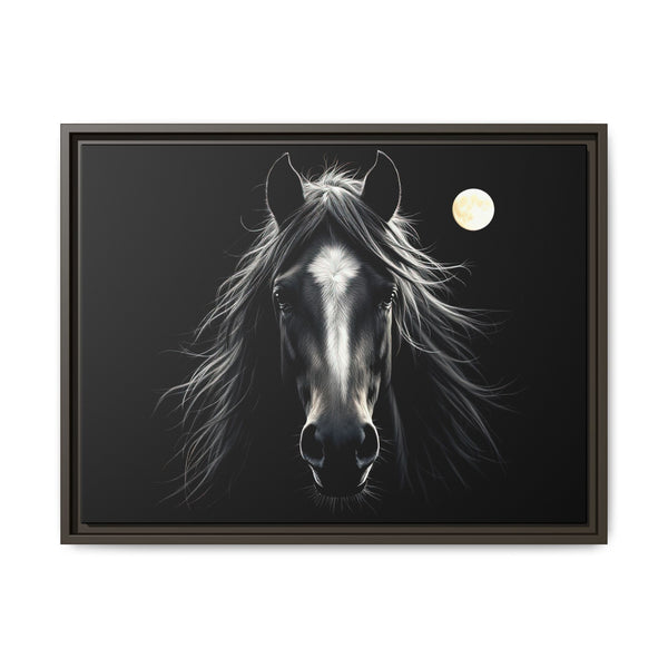 Framed canvas art of a black-and-white horse head with moon, dark frame