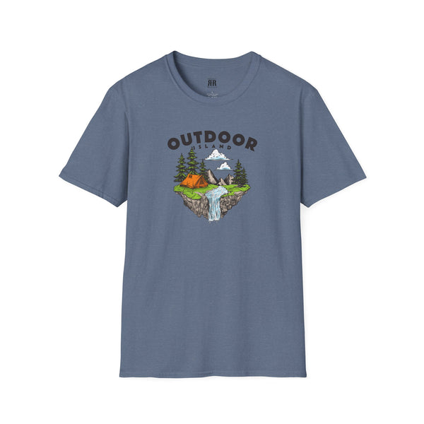 Steel blue T-shirt with outdoor graphic print across the chest