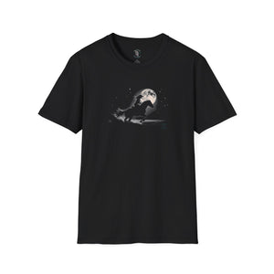 Women's black crewneck tee with moon-and-cowboy graphic on chest