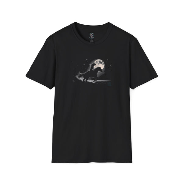 Women's black crewneck tee with moon-and-cowboy graphic on chest